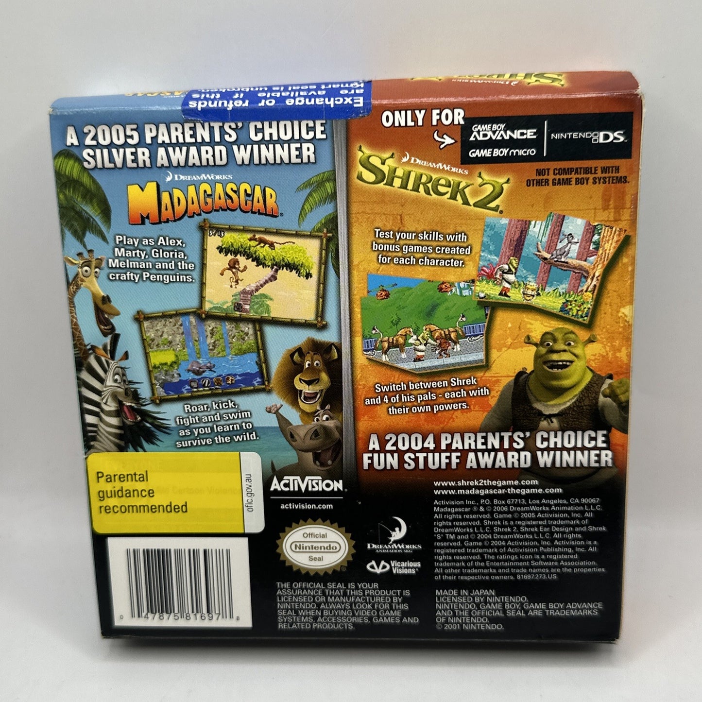 Shrek 2 + Madagascar • Nintendo Gameboy GBA Game + Manual/Box BOXED Complete CIB