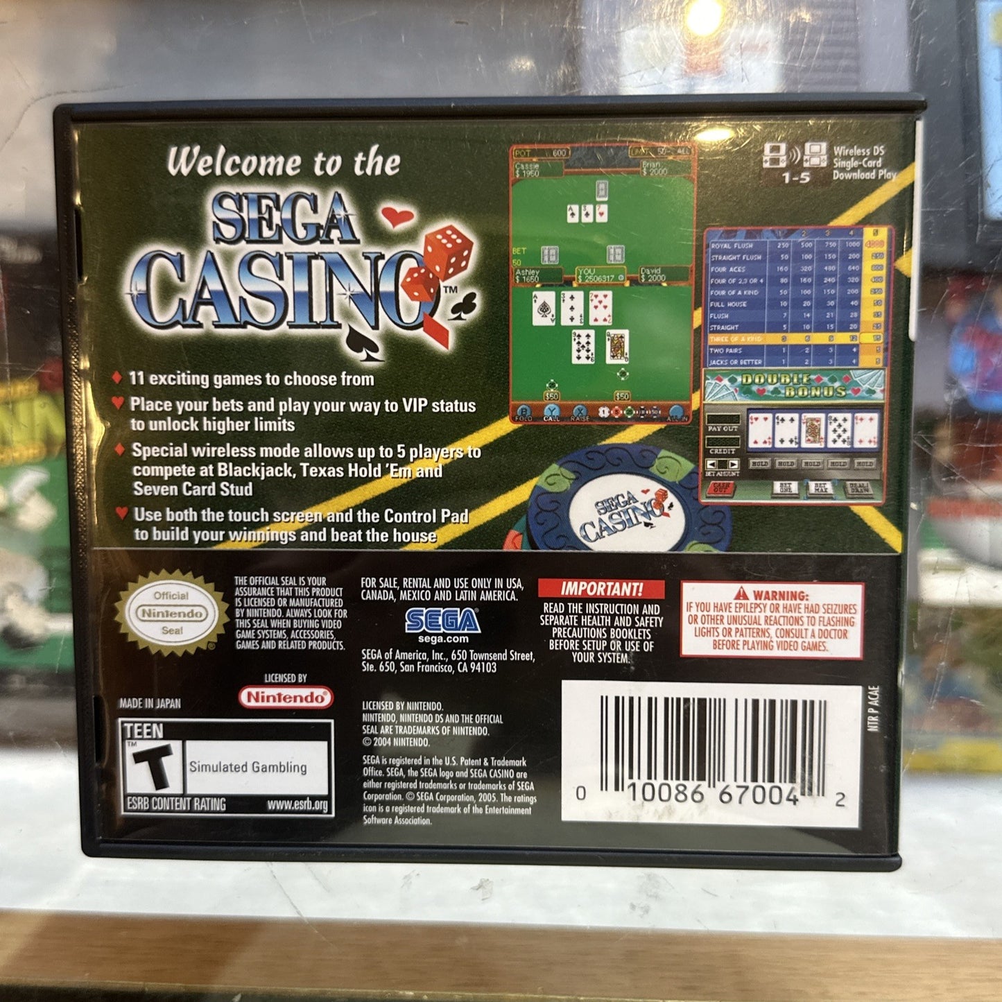 Sega Casino • Nintendo DS Game + Manual (2005) Region Free • Poker, Blackjack